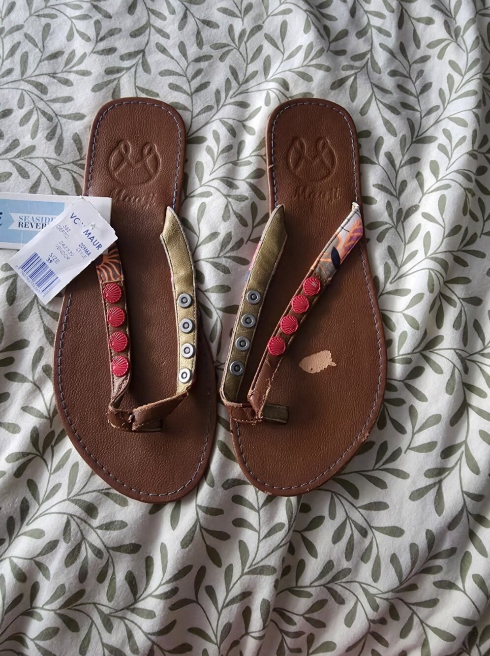 Maaji Brown Sandal Flip Flops with Pink Bead Accents